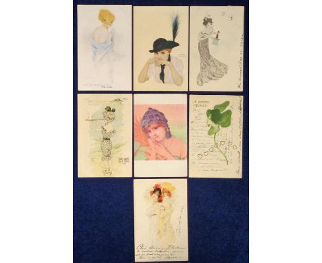 Postcards, Raphael Kirchner, mixed selection, inc. Enfants de la Mer III, Girl with rabbit in top hat, La Glaneuse, The Fan, 