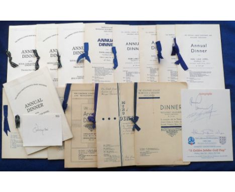 Football memorabilia / Autographs, a collection of 16 Football event menu cards, some with signatures, The Football League Se