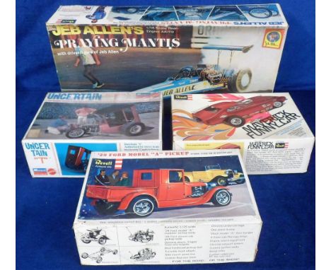 Model Car Kits, 4 kits to comprise Revell Jeb Allen's Praying Mantis, Revell '29 Ford Model A Pickup, Revell Maverick Funny C