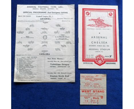 Football programmes &amp; ticket, Arsenal v Chelsea 1 March 1947, Division 1 (Fuel Emergency edition, single sheet, gd), sold