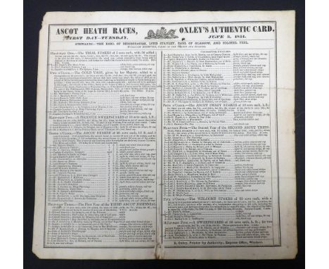 Horseracing, Royal Ascot, Racecard for the 3 June 1851 including a race for the Gold Vase won by Cariboo ridden by M Flatman 