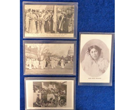 Postcards, Suffragette, a collection of 4 cards inc. printed parade in Pennsylvania Ave 1913 Washington, Hyde Park Demo 21 Ju