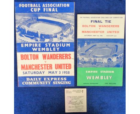 Football, FAC Final 1958, Bolton Wanderers v Manchester Utd, programme, match ticket &amp; song sheet (sl tear) (gen gd/vg)