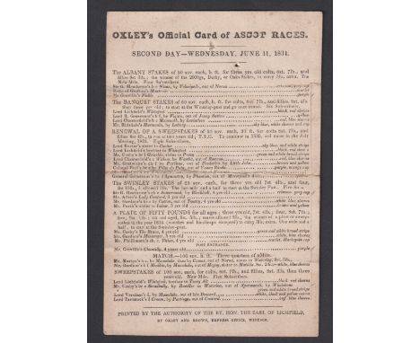 Horseracing, Royal Ascot, Racecard for 11 June 1834 including The Banquet Stakes, won by Mammoth (walkover) (some sl foxing &