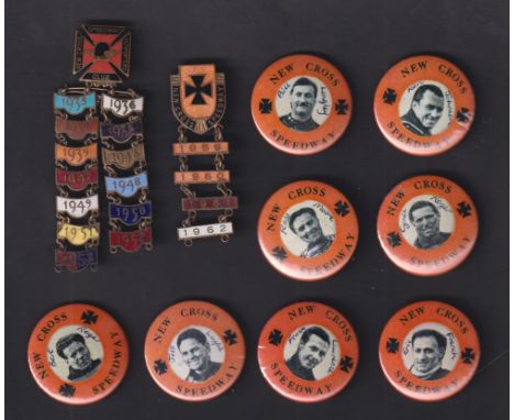 Speedway badges, New Cross, 2 enamel badges, both with year bars attached, one with bars for 1935-1939 inclusive and 1946-195