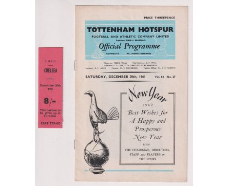 Football programme &amp; ticket, Tottenham v Chelsea, 30 December 1961, Division 1 (score noted on line up page) plus ticket 