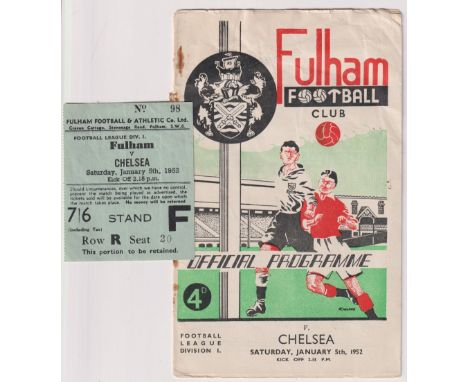 Football programme &amp; ticket, Fulham v Chelsea, 5 January 1952, Division 1 (rs, sl cr) plus ticket (sl cr) (2)