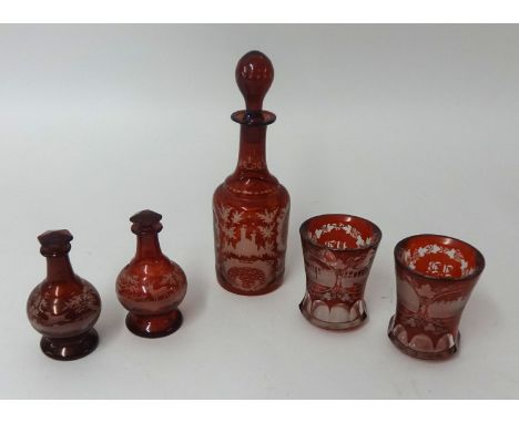 Bohemian glass small decanter, pair of goblets, pair of scent bottles