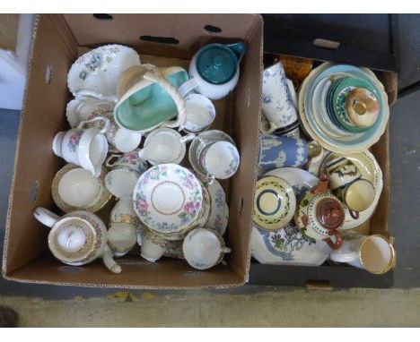 Two boxes of assorted ceramics to include a floral teaset, a Worcester saucer etc. 