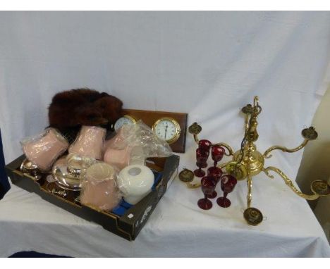 A set of six ruby etched drinking glasses, a wall mounted combined barometer and clock, a fur stole and a quantity of metalwa