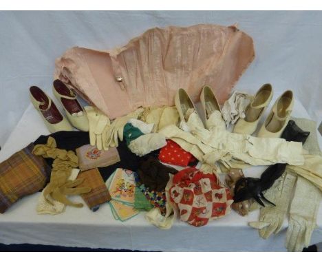 Three pairs of wedding shoes, a girdle with suspenders, a selection of scarves and handkerchiefs including RAF, Army etc. and
