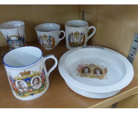 A selection of Coronation ceramics relating to King George VI including an unusual baby's plate; also a part set of court pla