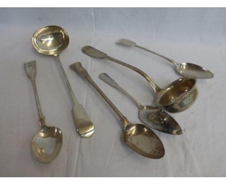 A large Victorian silver plated ladle with unusually deep bowl, one other, three silver plated serving spoons and a silver pl