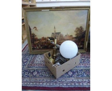 A box of assorted table lamps and glass ceiling light shades, a machine made floor rug, a pair of stone bench ends, a fire gr