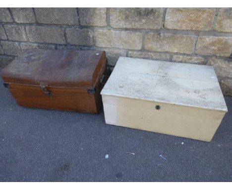 A toleware tin trunk and a painted pine lidded box. 