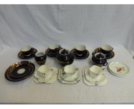 Two Shelley Mabel Lucie Atwell saucers, three trios including a Shelley cup, saucer and side plate and a USSR four person tea