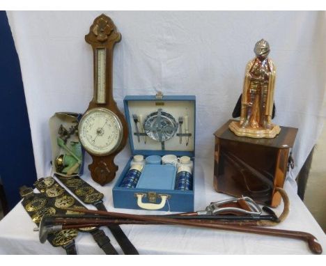 A selection of collectables to include a Brexton picnic set, an oak barometer, a companion set, horse brasses etc. 