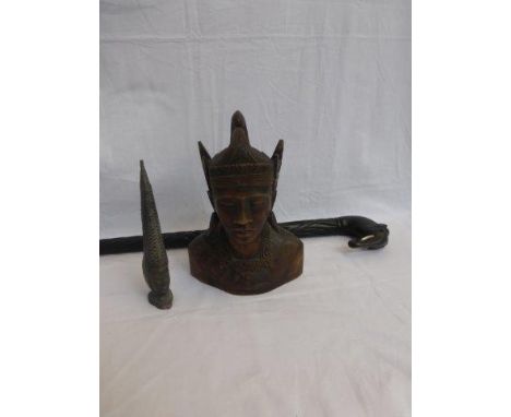 A well carved African bust,  carved ebony walking stick and a small African carving.