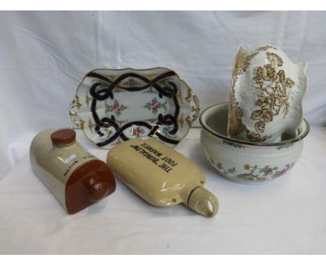 An assortment of mixed ceramics including a Copeland Spode jardiniere, a Harrods The Bungalow foot warmer etc. 