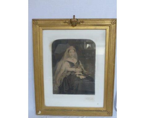 A good Victorian giltwood framed and glazed black and white print of a seated Queen Victoria, the frame surmounted by a coron