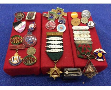 A collection of badges including Safe Driving, National Savings with 7 year bar, Hockey 1st XI Rye Collegiate School, Weldon'