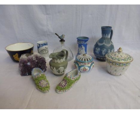 A selection of 19th Century and later ceramics and glassware to include Jasperware, a lidded sucrier, a piece of natural amet