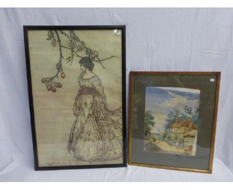 EARLY 20TH CENTURY ENGLISH SCHOOL - rural street scene, watercolour, and a large framed and glazed Arthur Rackham print of a 