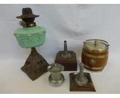 A Victorian oil lamp with opaline glass reservoir, two Welsbach mantles lighthouses and various collectables.