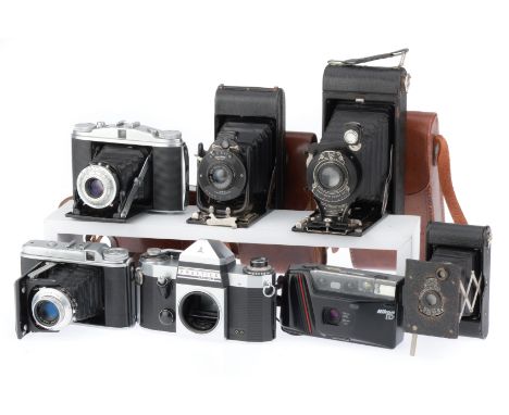 to include an Ensign Carbine folding camera with case, a Kodak 1A folding camera with case, a Voigtlander Perkeo 1, body G, w