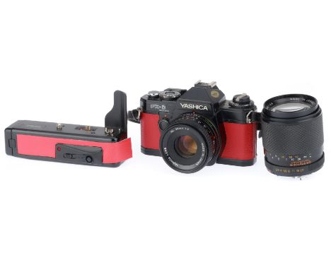 comprising a Yashica FX-D Quartz camera, black with red leather, body G, small mark to bottom plate, shutter works, meter res