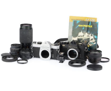 comprising a Spotmatic SP500, silver, body F-G, mirror stuck up, and a Spotmatic ES, black, body F-G, brassing to paint, shut
