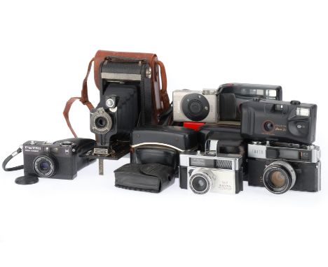 comprising a Petri micro compact, black, body G, shutter not firing, a Taron autoEE, shutter not firing, a Canon Sureshot sup