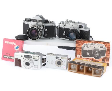 to include an Exakta VX1000, body G-VG, shutter working, with Zeiss Jena Pancolar 50mm f/2 lens, optics F, some wispy type fu