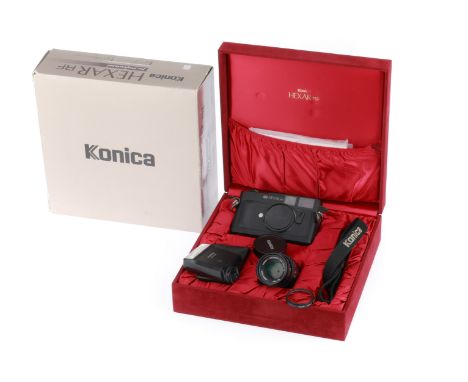 black, serial no. 1448809, body G, shutter working when batteries are inserted, LEDs light up in viewfinder, with a Konica M-