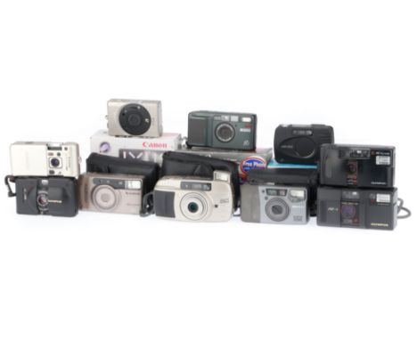 to include a Ricoh R1date, body G, in box, motors whirr but LCD not working, a Fujifilm Tiara 1x, powers up, doesn't fire, Ol