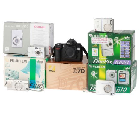 comprising a Nikon D70, body F, powers up, shutter works, in box, with charger, a Fujifilm Finepix F810, with charger, powers