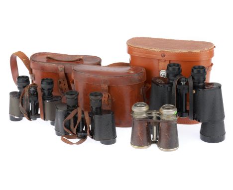 to include a Heath and Co Prismatic Mark 1, dated 1916, barrels F-G, optics hazy, in leather case, a small binocular marked "