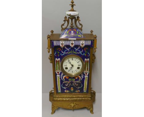 An enamel fronted gilt cased mantel clock 