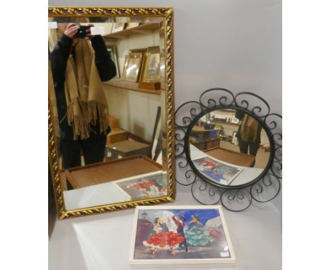 A still life of fruit, print, another print and two mirrors 
