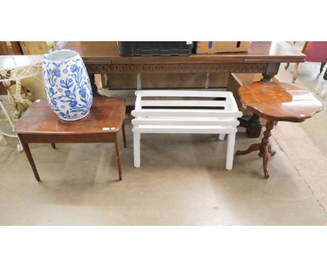 A blue and white stick stand, a Sorrento ware inlaid occasional table, a painted planter and one other 