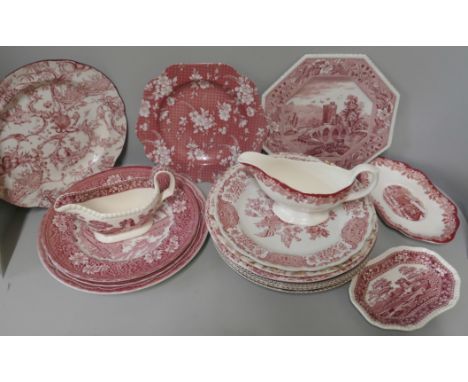 A collection of Spode Pink Tower dinnerwares; eight dinner plates, nine soup bowls, ten side plates, small bowl and saucers, 