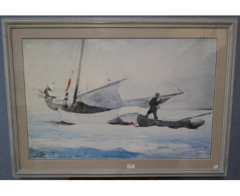 A large print of fishermen, framed 