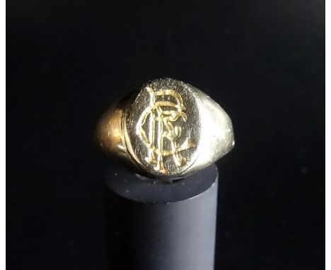 RANGERS FOOTBALL CLUB FOURTEEN CARAT GOLD SIGNET RINGwith engraved RFC monogram, ring size R-S and approximately 6.8 grams 