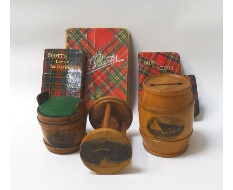 SCOTTISH INTERESTincluding three pieces of Mauchline ware, a pale pin cushion marked 'From The Athole Plantation Dunkeld, Mur