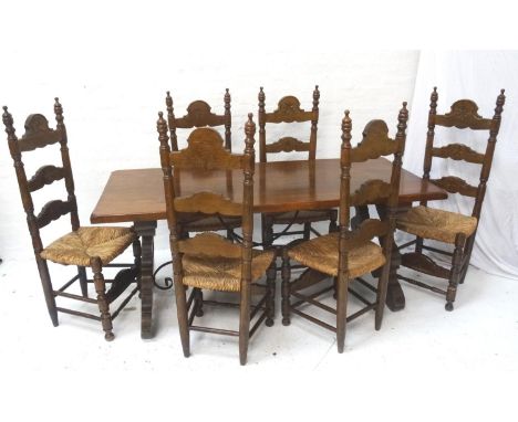 ELM DINING SUITEcomprising an oblong top table 179cm long x 78.5cm wide, raised on shaped end supports with metal cross stret