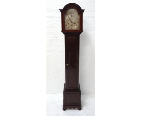 MAHOGANY LONGCASE CLOCKof narrow proportions with an arched hood and silvered dial marked 'Tempus Fugit' with Roman numerals 