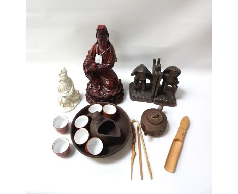 SELECTION OF EAST ASIAN ITEMSincluding a Taiwanese bamboo carved scoop, pick and sprung chopsticks, pottery bowl and jug mode