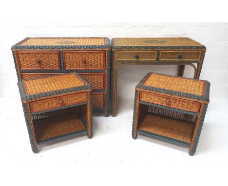 SUITE OF WICKER BEDROOM FURNITUREcomprising a chest with two short and two long drawers 97cm wide, a dressing table with two 
