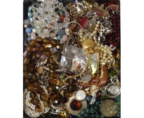 SELECTION OF COSTUME JEWELLERYincluding an enamel decorated pendant on chain, a moss agate bead necklace. a mother of pearl p