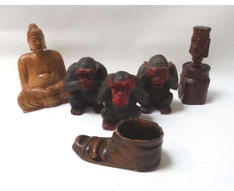 THE THREE WISE MONKEYSSee no evil, Speak no evil and Hear no evil in carved and painted wood, a carved wood seated Buddha, a 